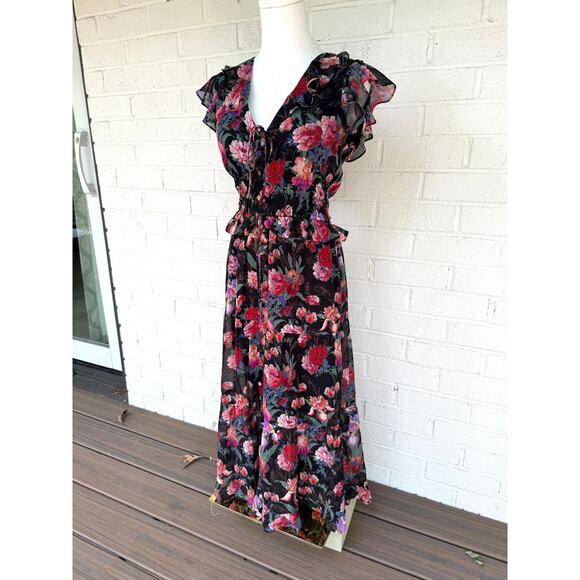 Paige 100% Silk Floral Midi Dress Black Ruffle Sleeve Smocked Waist Boho NWT  XS - Picture 7 of 11